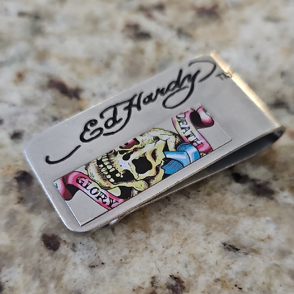 Ed Hardy Silver-Tone Money Clip with Colorful Skull Art